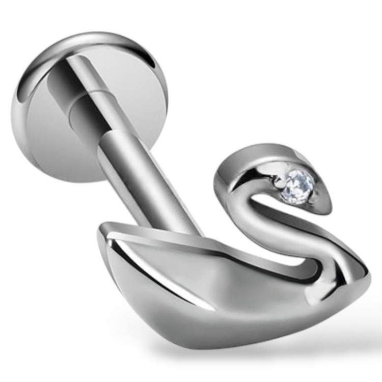 Tytanowy srebrny labret z motywem łabędzia z cyrkonią