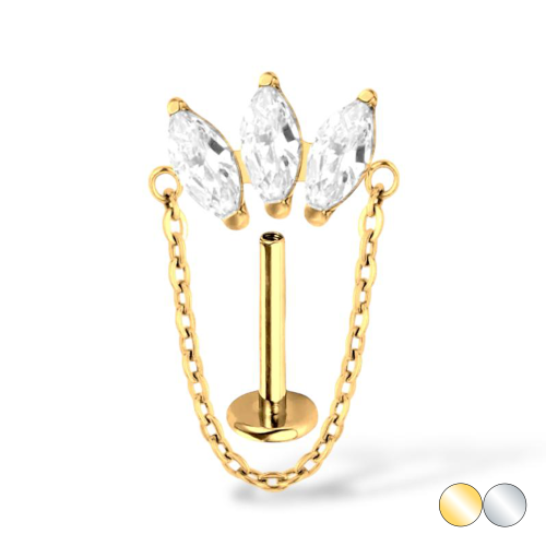 Tytanowy labret z łańcuszkiem i cyrkoniami