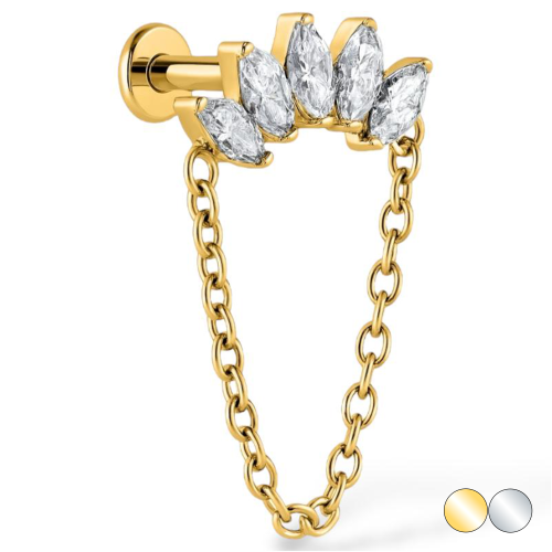 Tytanowy labret z łańcuszkiem i 5 cyrkoniami