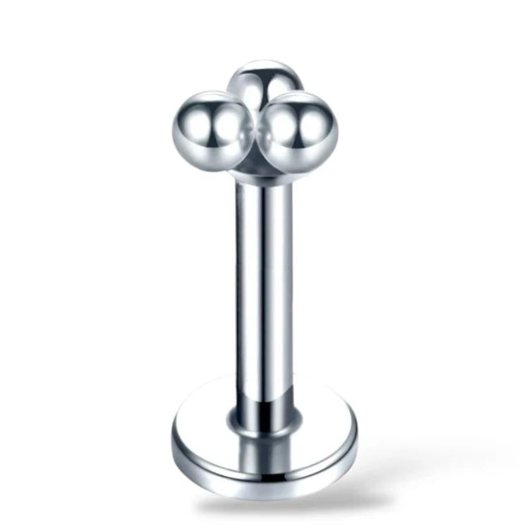 Srebrny labret z trzema kuleczkami - Stal Ch.316L