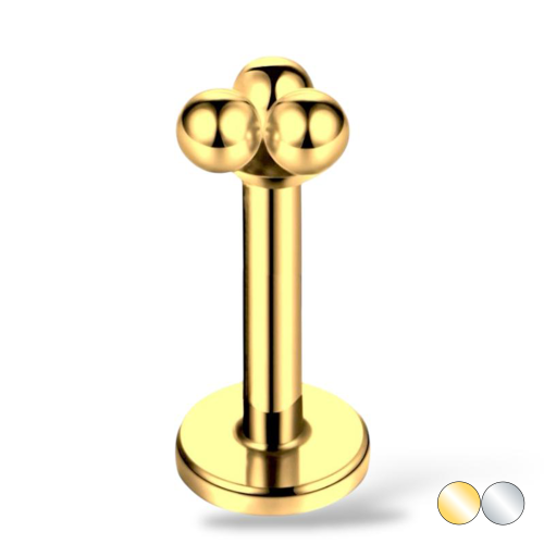 Złoty labret z trzema kuleczkami - Stal Ch.316L