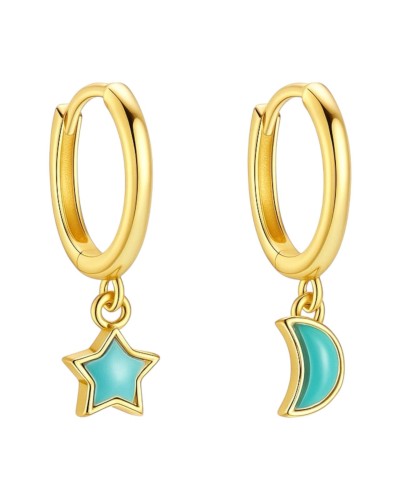 Kolczyki clicker z turkusowymi gwiazdkami i księżycami - SREBRO 925