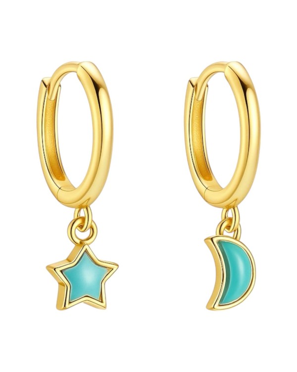 Kolczyki clicker z turkusowymi gwiazdkami i księżycami - SREBRO 925