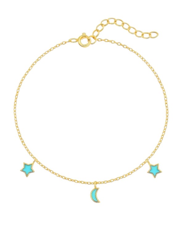 Bransoletka złota z turkusowymi gwiazdkami i księżycami - SREBRO 925