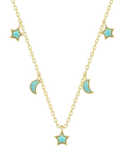 Naszyjnik złoty z turkusowymi gwiazdkami i księżycami - SREBRO 925