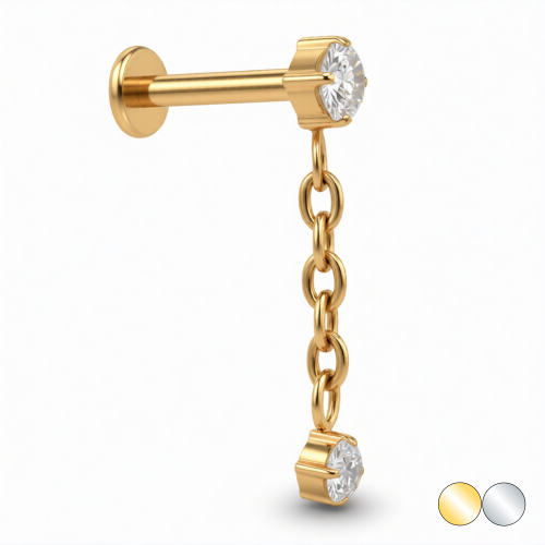 Tytanowy labret z łańcuszkiem i cyrkoniami
