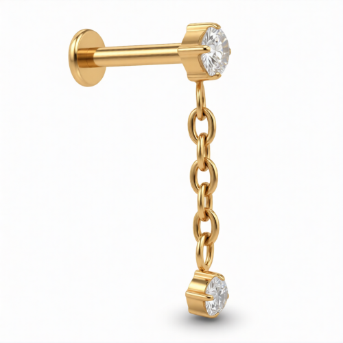 Tytanowy labret z łańcuszkiem i cyrkoniami