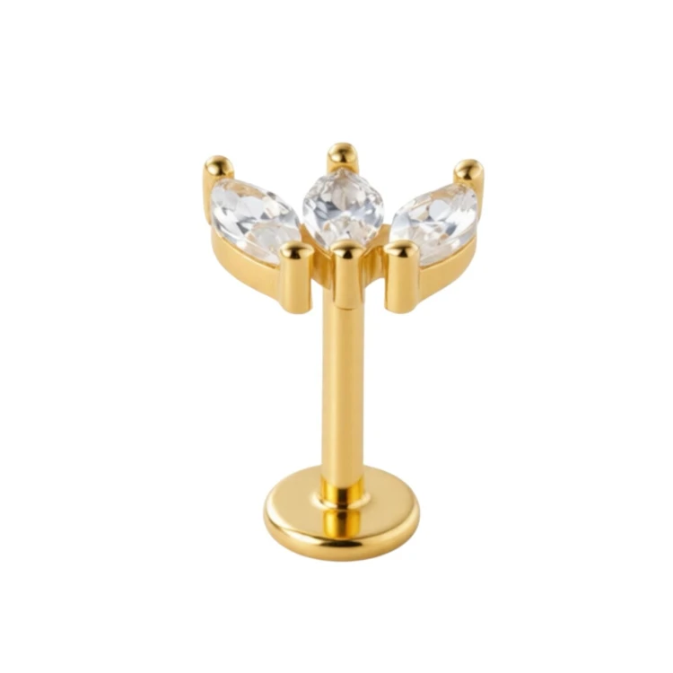 Labret 3 cyrkonie łezki Push Pin - ZŁOTO 585